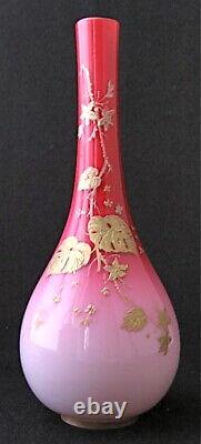 Victorian floral gilt decorated cased pink to white stick vase, 9 1/2 h