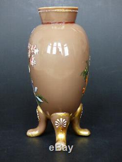 Victorian glass vase with hand painted enamel flowers & bird Harrach antique