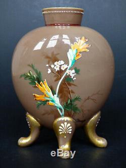 Victorian glass vase with hand painted enamel flowers & bird Harrach antique