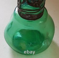 Victorian green glass vintage Art Nouveau antique metal rim vase
