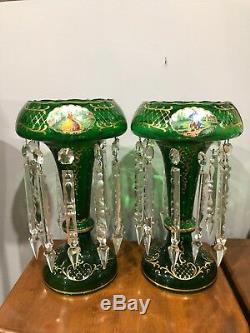 Victorian hand painted Green Mantle Luster With Crystal Prism