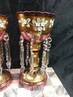 Vintage 10 Bohemian/Czech Enamel & 24k on Cranberry Mantle Lusters With Crystals