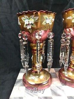 Vintage 10 Bohemian/Czech Enamel & 24k on Cranberry Mantle Lusters With Crystals