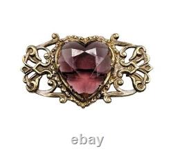 Vintage 12K Gold Glass Heart Ornate Brooch Pink Victorian Art Nouveau Deco