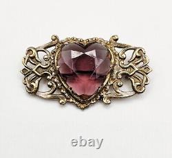 Vintage 12K Gold Glass Heart Ornate Brooch Pink Victorian Art Nouveau Deco