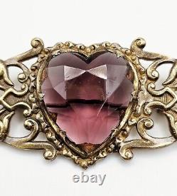 Vintage 12K Gold Glass Heart Ornate Brooch Pink Victorian Art Nouveau Deco