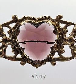 Vintage 12K Gold Glass Heart Ornate Brooch Pink Victorian Art Nouveau Deco