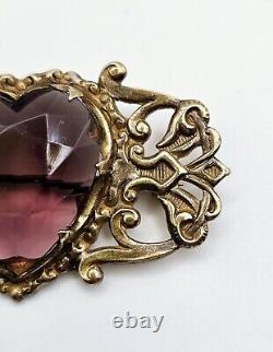 Vintage 12K Gold Glass Heart Ornate Brooch Pink Victorian Art Nouveau Deco