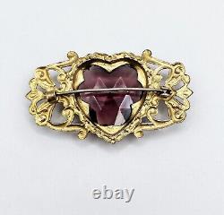 Vintage 12K Gold Glass Heart Ornate Brooch Pink Victorian Art Nouveau Deco