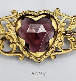 Vintage 12K Gold Glass Heart Ornate Brooch Pink Victorian Art Nouveau Deco