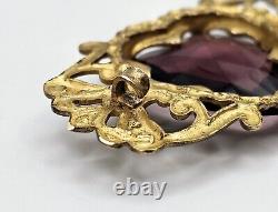 Vintage 12K Gold Glass Heart Ornate Brooch Pink Victorian Art Nouveau Deco