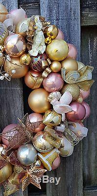 Vintage 24 Golden Pink Victorian Holiday Christmas Glass Ornament Wreath Angel