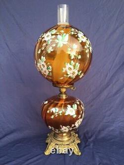 Vintage Amber Gold LG Wright Art Glass Fenton Fostoria Viking Painted Floral