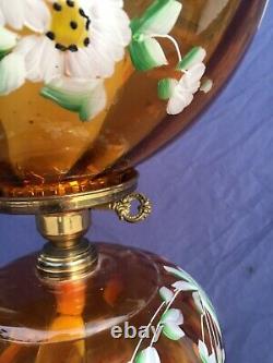 Vintage Amber Gold LG Wright Art Glass Fenton Fostoria Viking Painted Floral