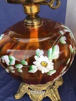 Vintage Amber Gold LG Wright Art Glass Fenton Fostoria Viking Painted Floral