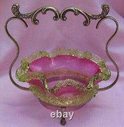 Vintage Antique Victorian Cranberry Vaseline Uranium Art Glass Bride Bowl Basket