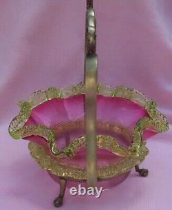 Vintage Antique Victorian Cranberry Vaseline Uranium Art Glass Bride Bowl Basket