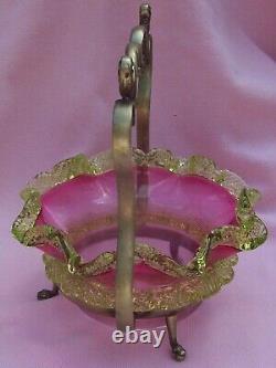 Vintage Antique Victorian Cranberry Vaseline Uranium Art Glass Bride Bowl Basket