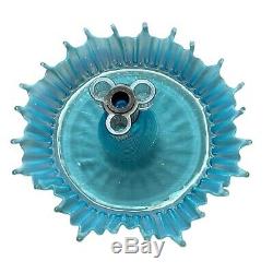 Vintage Antique Victorian Fenton Blue Opalescent 4 Horn Flower Epergne Art Glass