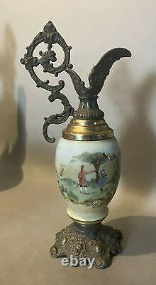 Vintage Antique Victorian Floral Decorated Art Glass Mantel Ewer