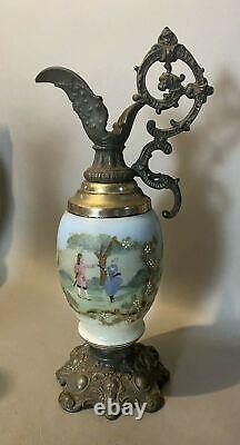 Vintage Antique Victorian Floral Decorated Art Glass Mantel Ewer