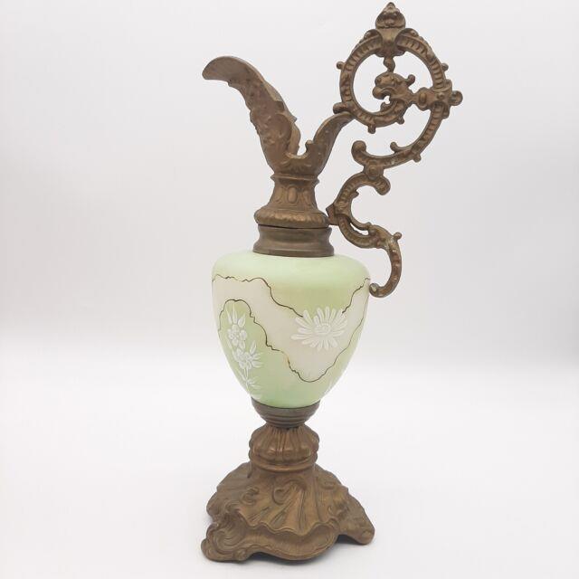 Vintage Antique Victorian Floral Decorated Art Glass Mantel Ewer