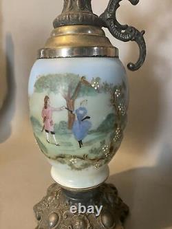 Vintage Antique Victorian Floral Decorated Art Glass Mantel Ewer