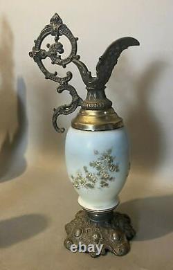 Vintage Antique Victorian Floral Decorated Art Glass Mantel Ewer