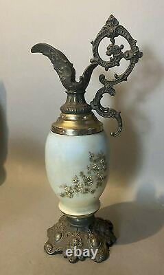 Vintage Antique Victorian Floral Decorated Art Glass Mantel Ewer