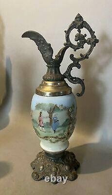 Vintage Antique Victorian Floral Decorated Art Glass Mantel Ewer