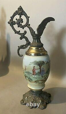 Vintage Antique Victorian Floral Decorated Art Glass Mantel Ewer