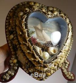 Vintage Antique Victorian Sea Shell Art Seashell Glass Heart Frame Boat Scene