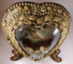 Vintage Antique Victorian Sea Shell Art Seashell Glass Heart Frame Boat Scene