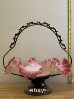 Vintage Antique Victorian Silver Plate & Cased Art Glass Brides Basket Bowl