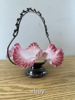 Vintage Antique Victorian Silver Plate & Cased Art Glass Brides Basket Bowl