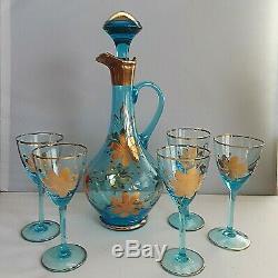 Vintage Aqua Blue Glass Genie Bottle Decanter & 5 Stemware Wine Glasses ROUMANIA