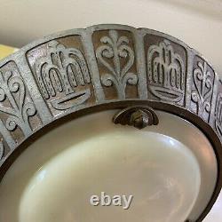 Vintage Art Deco Riddle Co Cast Metal Light Fixture Uranium Slip Shade Glass