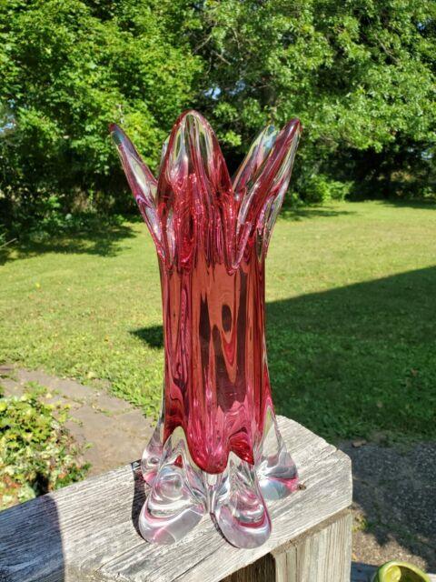 Vintage Art Glass Hand Blown Pink & Clear Two Tone Vase 11t 5.5w