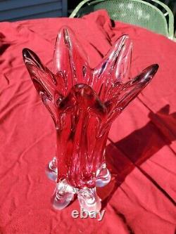 Vintage Art Glass Hand Blown Pink & Clear Two Tone Vase 11T 5.5W