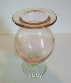 Vintage Art Glass Pedestal 7 Pink Vase, Green Base