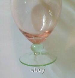 Vintage Art Glass Pedestal 7 Pink Vase, Green Base