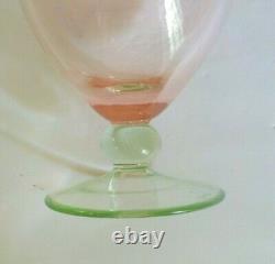 Vintage Art Glass Pedestal 7 Pink Vase, Green Base