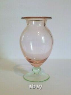 Vintage Art Glass Pedestal 7 Pink Vase, Green Base