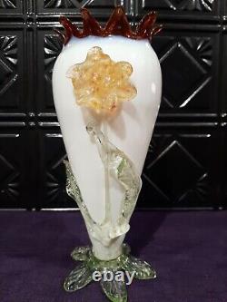 Vintage Art Glass Vase Uranium Applied Flower & Base, Stevens & Williams / Krali