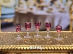 Vintage Artisan Miniature Dollhouse Francis Whittemore 5 Cranberry Wine Glasses