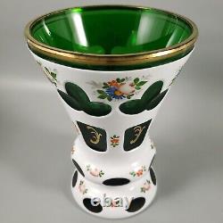 Vintage BOHEMIAN CZECH Cased White Cut Green Glass Painted Flowers Gold Vase Set