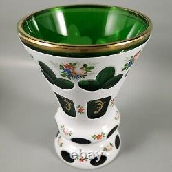 Vintage BOHEMIAN CZECH Cased White Cut Green Glass Painted Flowers Gold Vase Set