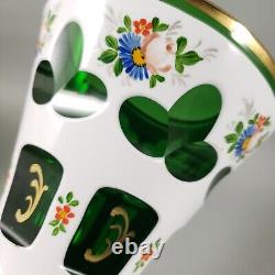 Vintage BOHEMIAN CZECH Cased White Cut Green Glass Painted Flowers Gold Vase Set