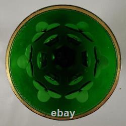 Vintage BOHEMIAN CZECH Cased White Cut Green Glass Painted Flowers Gold Vase Set