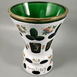 Vintage BOHEMIAN CZECH Cased White Cut Green Glass Painted Flowers Gold Vase Set